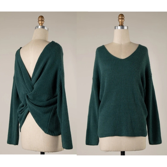 Miracle▪️V-neck w/ Twist Knotted Green Knit Sweater - Picture 1 of 6